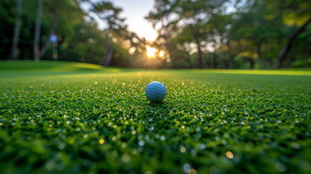 Golf ball on green grass ready to be shot at golf courseの素材
