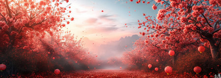 Chinese lanterns in the misty spring forest. 3D renderingの素材