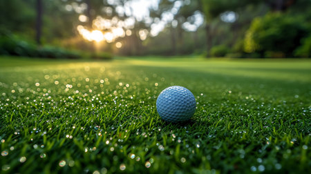 Golf ball on green grass in golf course with sunshine background.の素材