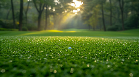 Golf ball on the green grass with sun light in golf courseの素材