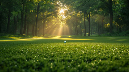 golf ball on green grass in beautiful golf course with sunbeamの素材