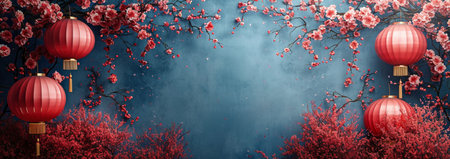 Chinese New Year background with red lanterns and cherry blossom treeの素材