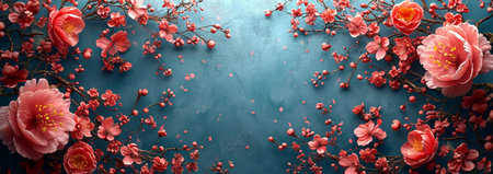 Chinese new year background. Cherry blossom and sakura flowers on blue backgroundの素材