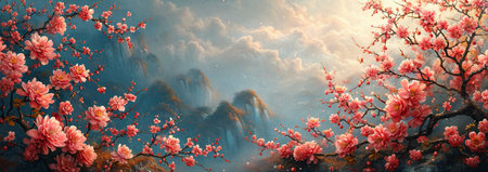 Digital painting of a beautiful spring landscape with blooming sakura.の素材
