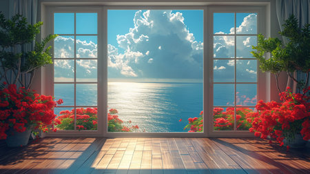 View from the window to the sea and the sky. 3d renderingの素材
