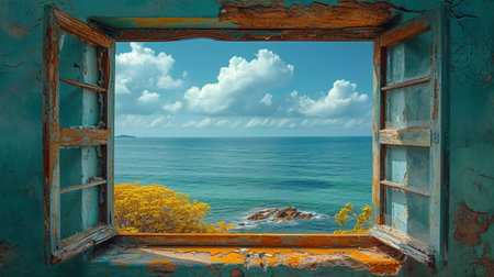 Beautiful seascape view from the window of old abandoned houseの素材