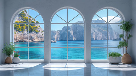 Beautiful sea view from the window, 3d rendering. Computer digital drawing.の素材