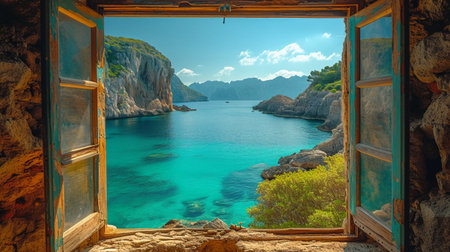 Beautiful view from the window to the Adriatic Sea. Montenegroの素材