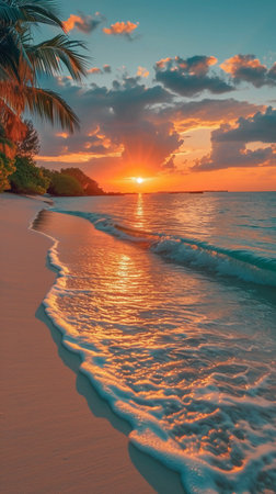 Tropical beach with palm trees and beautiful sunset in Maldivesの素材