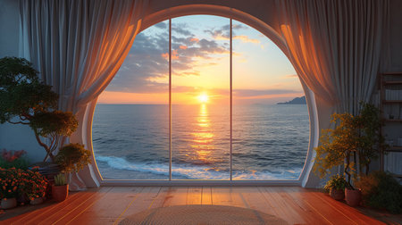 Sunset in the interior of a room with a window overlooking the seaの素材