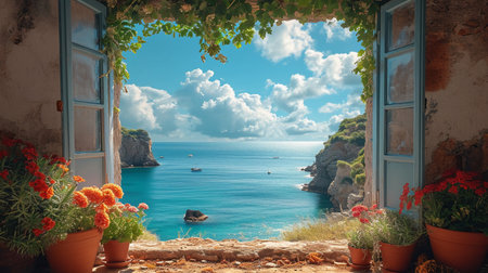 Beautiful view of the sea from the window of a house in Greeceの素材