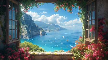 Beautiful view from the window to the sea and mountains in the backgroundの素材