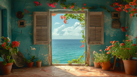 Beautiful view of the sea from the window of a blue houseの素材