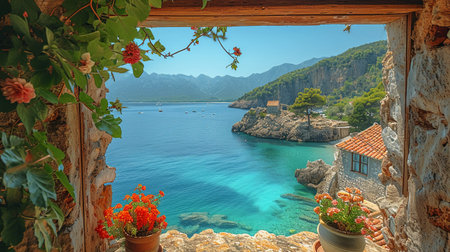 Beautiful view from the window to the sea and mountains in Montenegroの素材