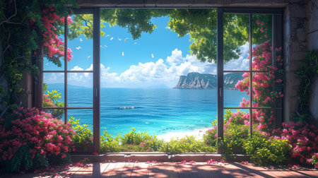 Beautiful view from the window to the sea and mountains in the backgroundの素材
