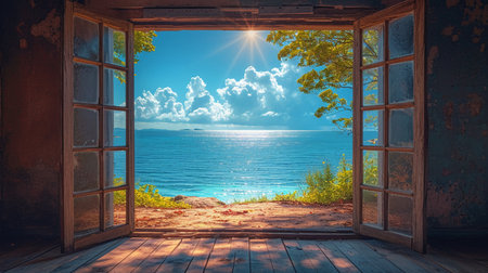 Open door to the sea and blue sky with clouds - vintage filterの素材
