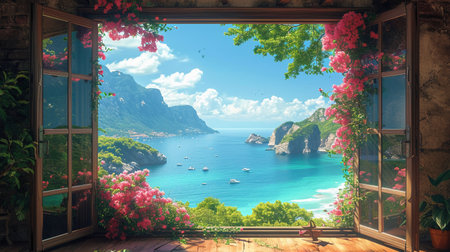 View from the window on the sea and mountains. Summer vacation conceptの素材