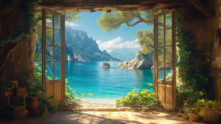View from the open window to the sea and mountains. Montenegroの素材