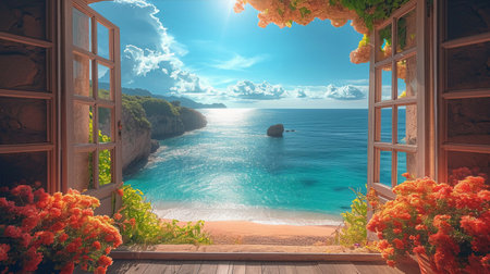 View from the window to the sea and the island. 3d renderingの素材