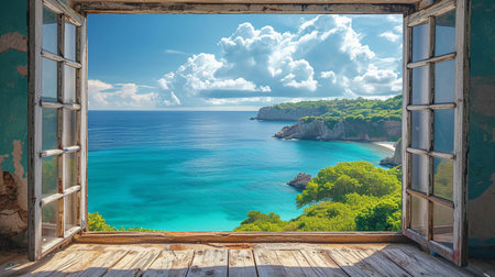 View from the window to the sea and sky with clouds. Vacation conceptの素材