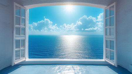 View from the window to the sea and sky. 3d renderingの素材