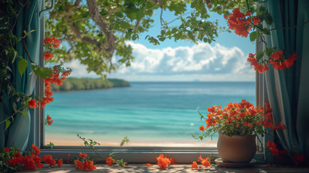 Flowerpot with bougainvillea flowers on the background of the seaの素材