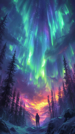 Aurora borealis in the winter forest. Northern lights.の素材