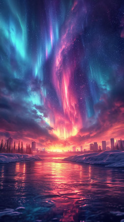 Aurora borealis in the night sky above the city.の素材