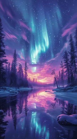 Northern lights in the night sky over frozen lake. Winter landscape.の素材