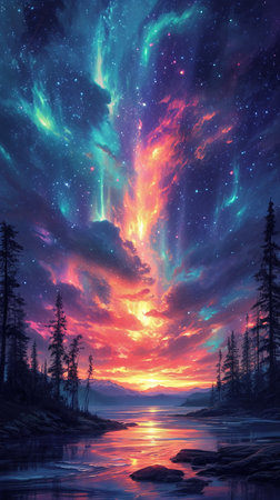 Fantasy landscape with aurora borealis in the night sky.の素材