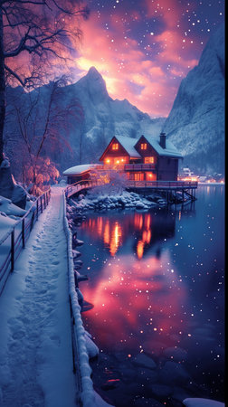 Fantastic winter landscape with frozen lake and old wooden house.の素材