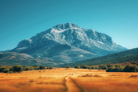 Mountain landscape with yellow grass and blue sky, retro tonedの素材