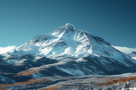 Mountain landscape with snow-capped peaks and yellow larchesの素材