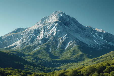 Mountain landscape with green forest and snow-capped peaks.の素材