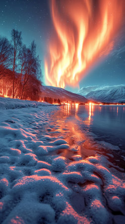 Beautiful winter landscape with aurora borealis over frozen lake.の素材