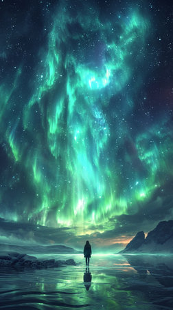 Man watching aurora borealis, northern lights, 3d renderの素材