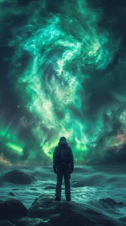 Man looking at the northern lights in the night sky, 3d renderingの素材