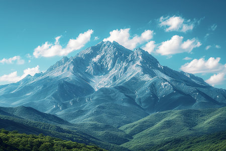 Mountain landscape with blue sky and white clouds. 3d renderingの素材