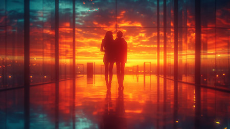 Couple in love hugging in the airport at sunset. 3D renderingの素材