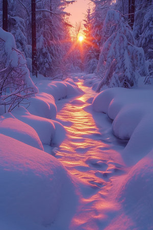 Beautiful winter landscape with snow covered path in the forest at sunsetの素材