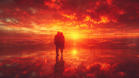 Silhouette of a man and a woman on the background of a beautiful sunset.の素材