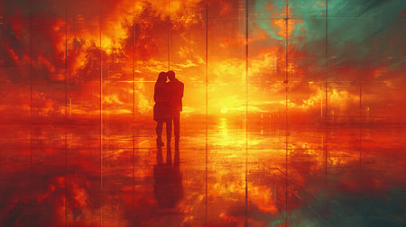 Silhouette of a man looking at the sunset through the windowの素材