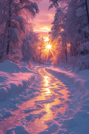 Beautiful winter sunset in the snowy forest. Sunset in the winter forestの素材