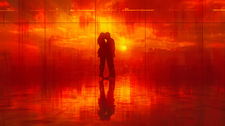 Silhouette of a couple in love on the background of a glass wallの素材