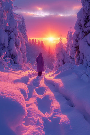 A girl walks along a snowy trail in the mountains at sunset.の素材