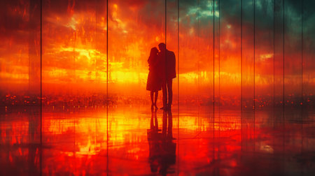 Silhouette of a loving couple on the background of a beautiful sunsetの素材