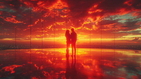 Couple in love holding hands and looking at sunset. 3d renderingの素材