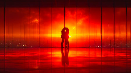 Silhouette of a woman standing in front of the window at sunsetの素材
