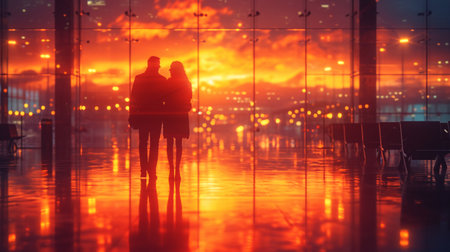 Silhouette of young couple standing in airport terminal at sunset.の素材