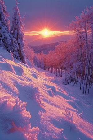 Beautiful winter sunrise in the mountains. Colorful winter landscape.の素材